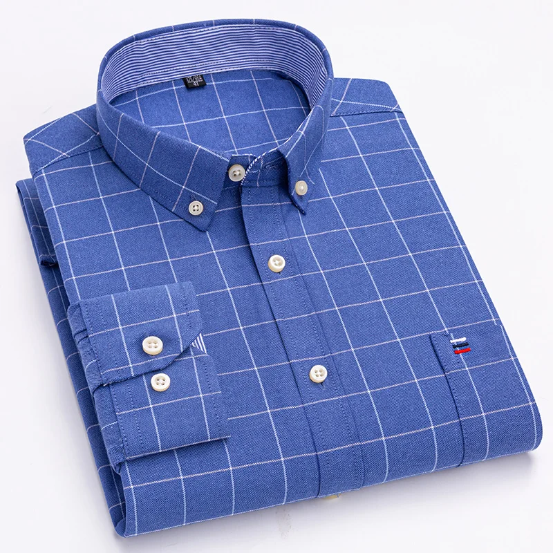 Camisa Oxford de manga larga para hombre, camisa a cuadros de algodón puro, S-7XL, talla grande, sencilla, transpirable, informal de negocios, cómoda