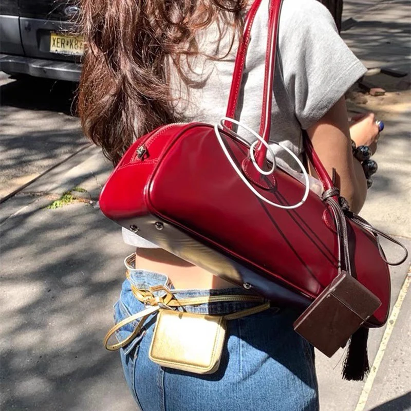 Vintage Streetwear Versatile Shoulder Bag Women Casual Large Capacity Tote Bag Wine Red Pure Fashion Classic Underarm Bag