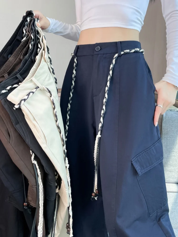 American Style High Waist Cargo Pants Women's Autumn New Small Size Slimming Loose Drapey Floor-Length Knife Wide Leg Pants