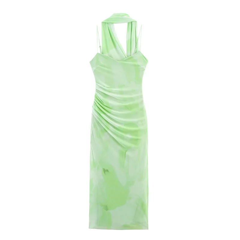 DSMTRC Female Sexy Backless Slim Sling Long Dresses Mujer Fashion Light Green Women Summer Romantic Scarf Decorated Tulle Dress
