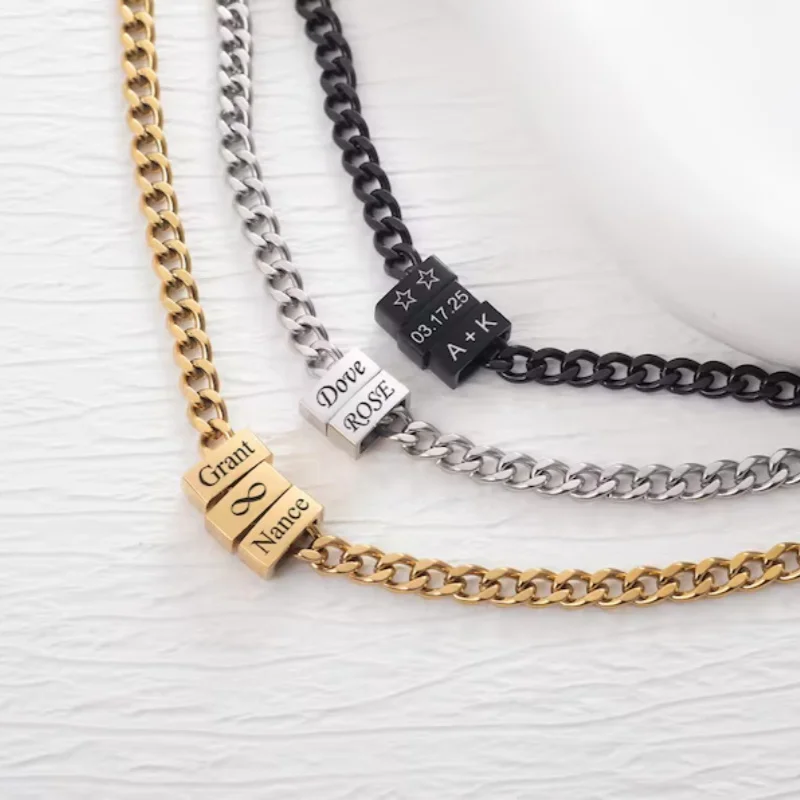 Custom Name Stainless Steel Men's Cuban Necklace Name Necklace Bracelet Dual-Use Couple Jewelry Gift Party