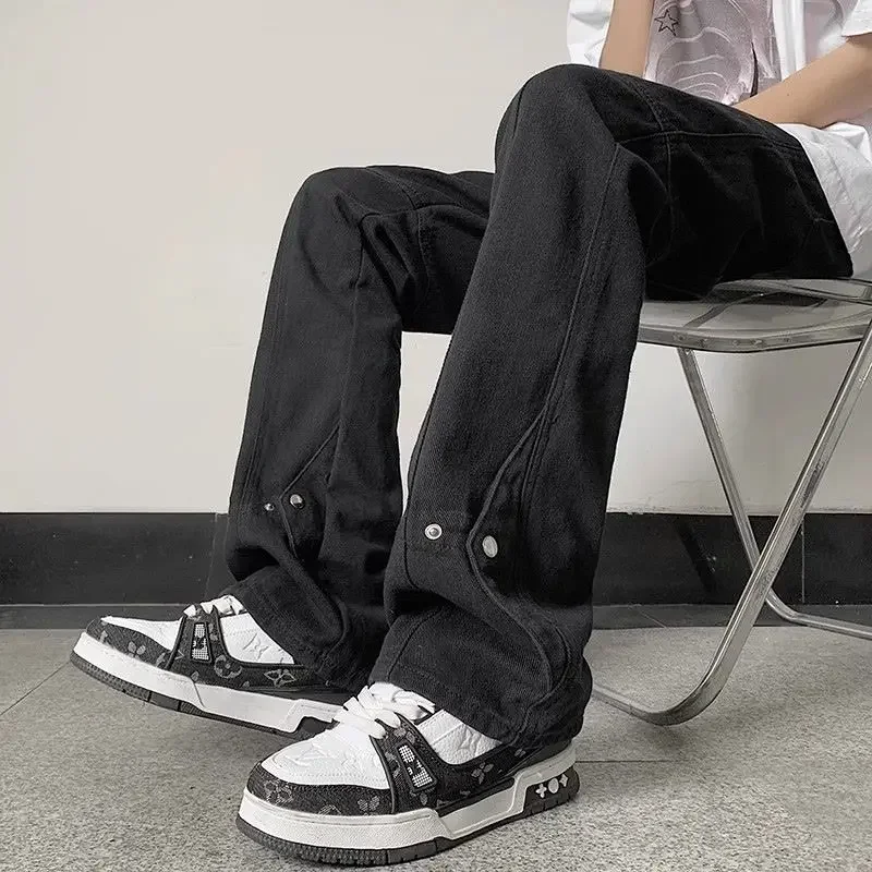 

Men Denim Pants Vintage Wide Leg Jeans Baggy Trouser Black Man Colthing Streetwear Studded Design Casual Solid Slim Fit Spring