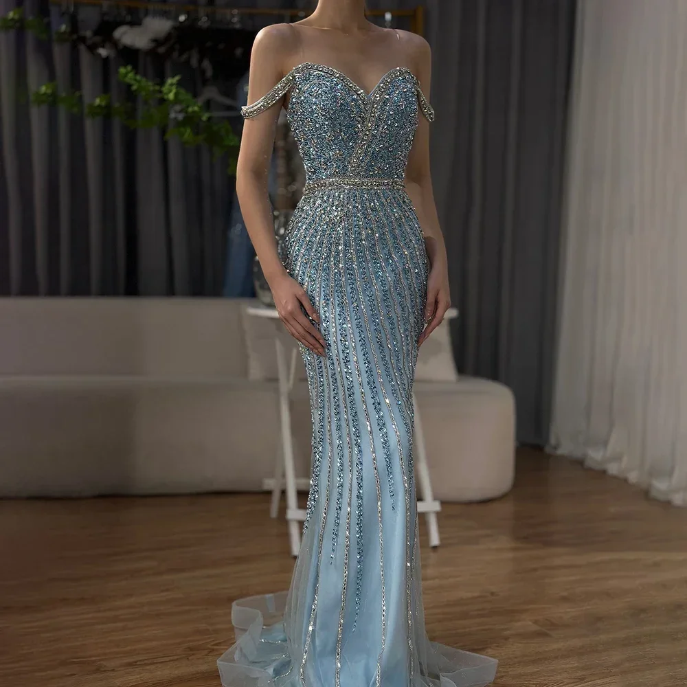 

Luxury Blue Prom Mermaid Gown Beaded Saudi Evening Dress for Formal Occasion Customized