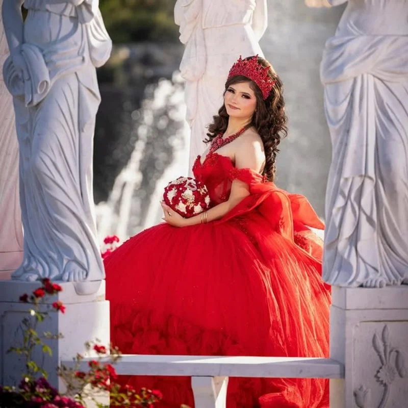 

Customized Shiny Red Quinceanera Dresses Off the Shoulder Sequin decal Lace layering Long tail Bow Vestido De 15 Quinceanera