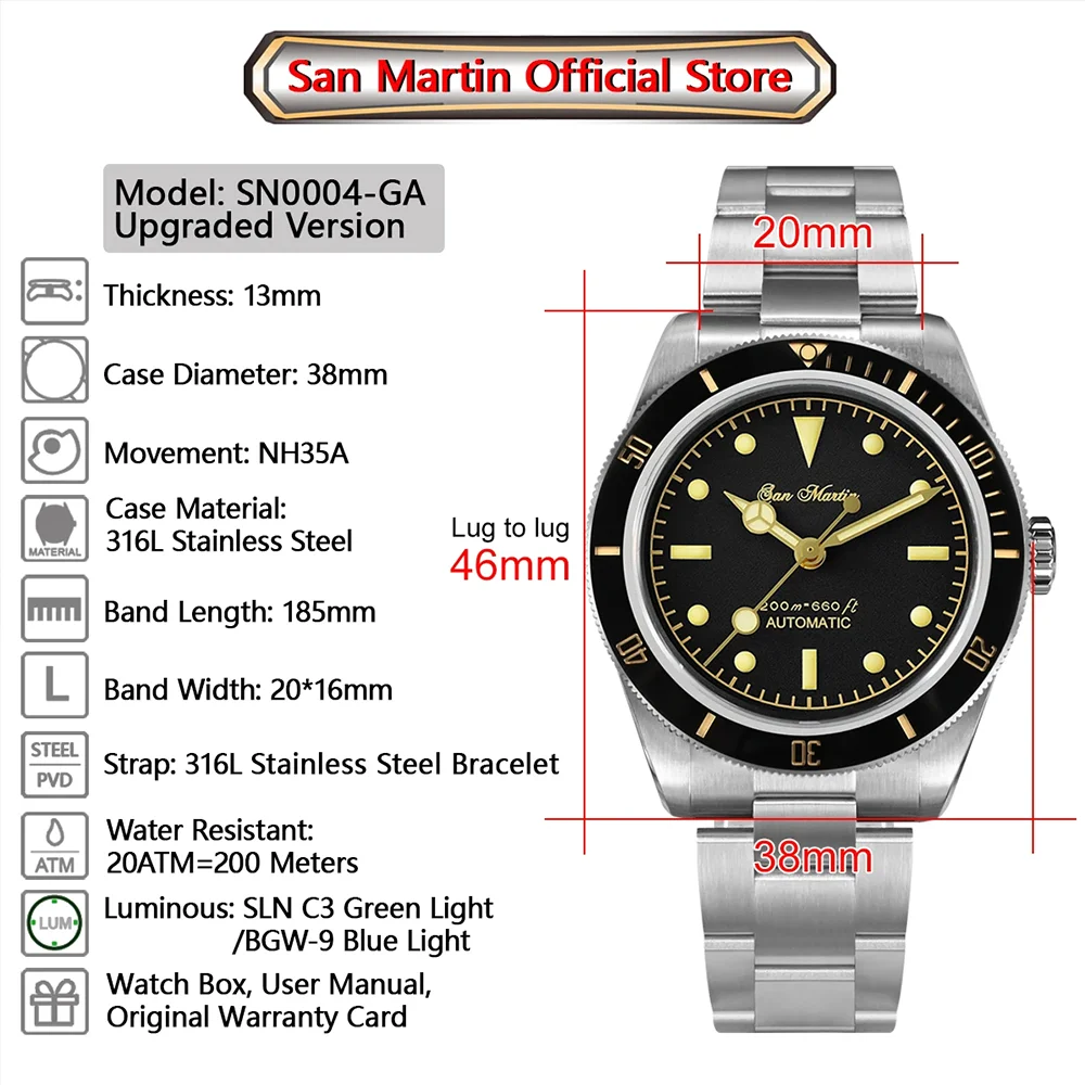 San Martin 2024 Vintage 38mm 6200 Diver Automatic Watch for Men Luxury NH35 Mechanical Watch Sapphire Waterproof 200m Relojes