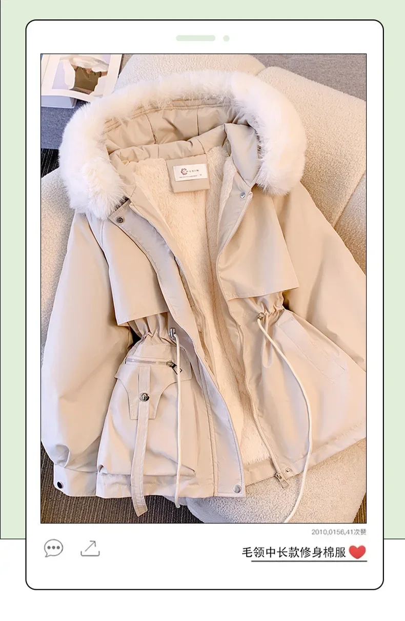 Women Fur Hooded Thick Parkas Zipper Autumn Coats Elastic Waist Midi Jackets Pockets Coats Elegant Coat Warm Winter Y2k