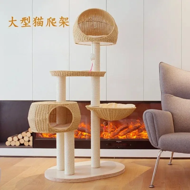 Solid Wood Multi-level Feline Activity Tower, Sisal Claw Pillar, Merged Wicker Hideaway, Anti-scratch Large Kitty Shelter