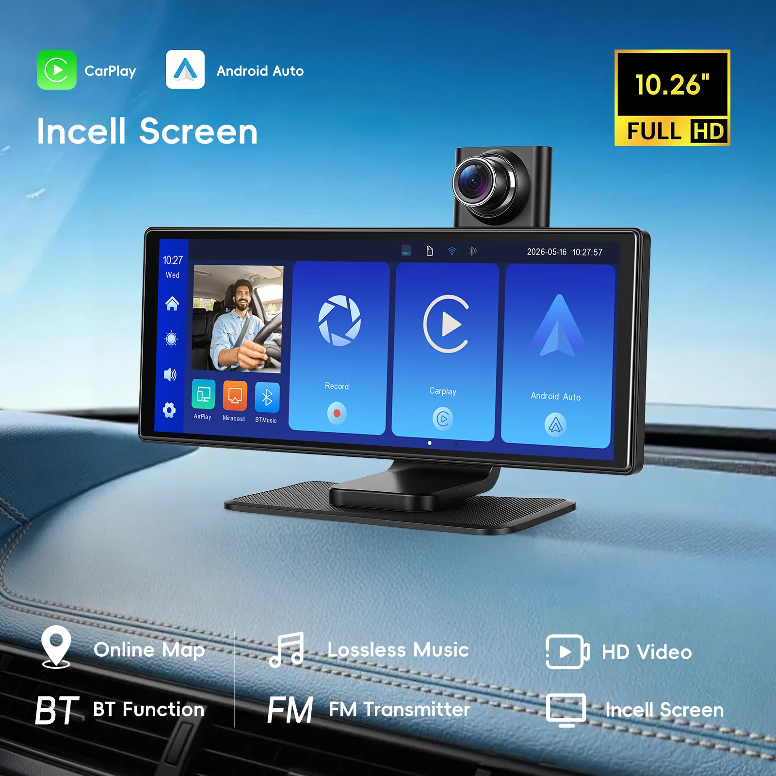 Podofo 10.26" Autoradio Multimédia Universel avec Écran 4K, Caméra de Tableau de Bord, Carplay Sans Fil, Android Auto, Bluetooth et WiFi pour Voitures et Fourgonnettes
