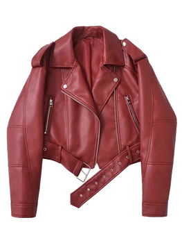 Ailegogo New Streetwear Women Loose Short Pu Faux Leather Jacket Moto Biker Female Belt Zipper Coat Outwear