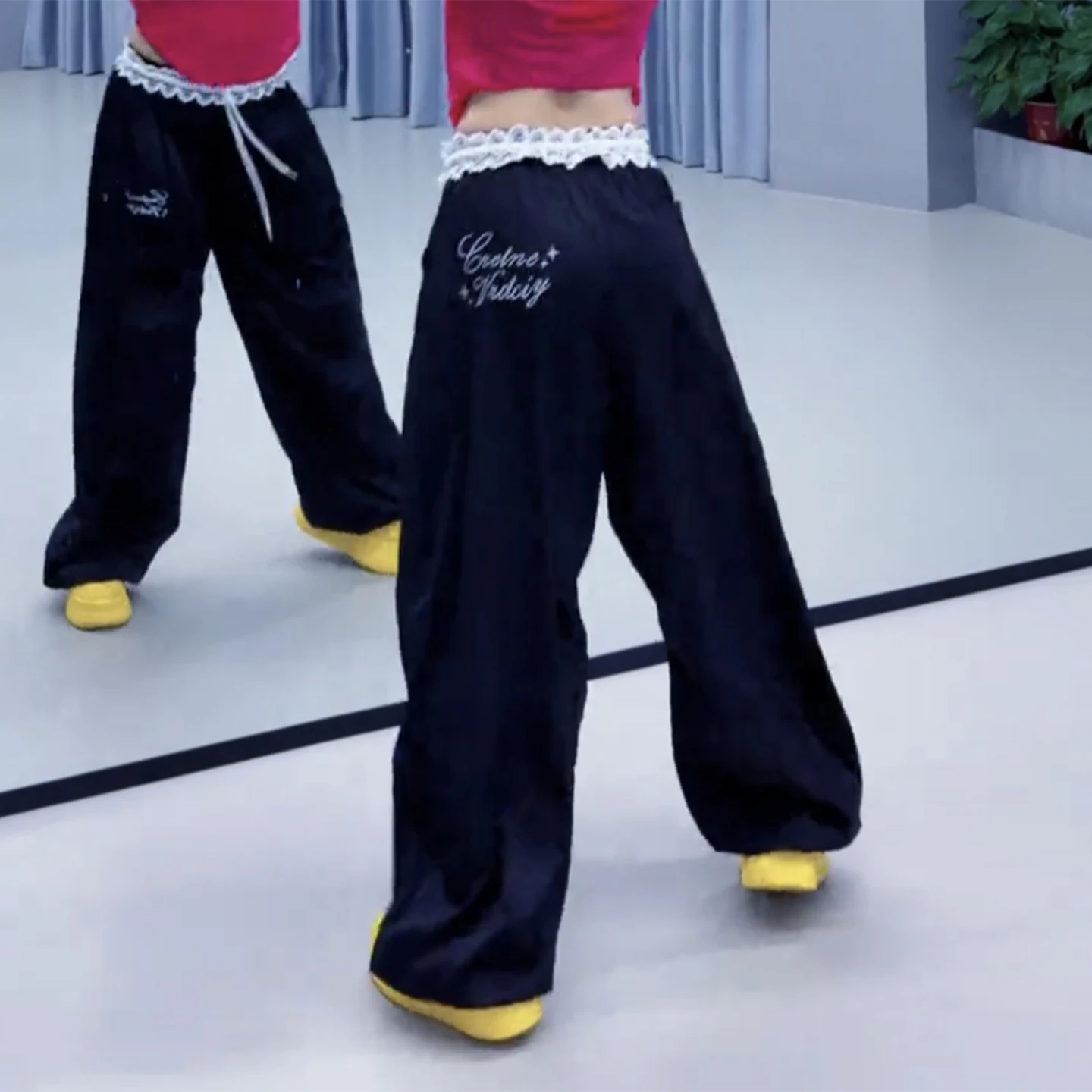 summer-lace-splice-casual-square-dance-pants-women's-loose-dancing-straight-leg-sports-pants-trendy-mid-waist-long-pants