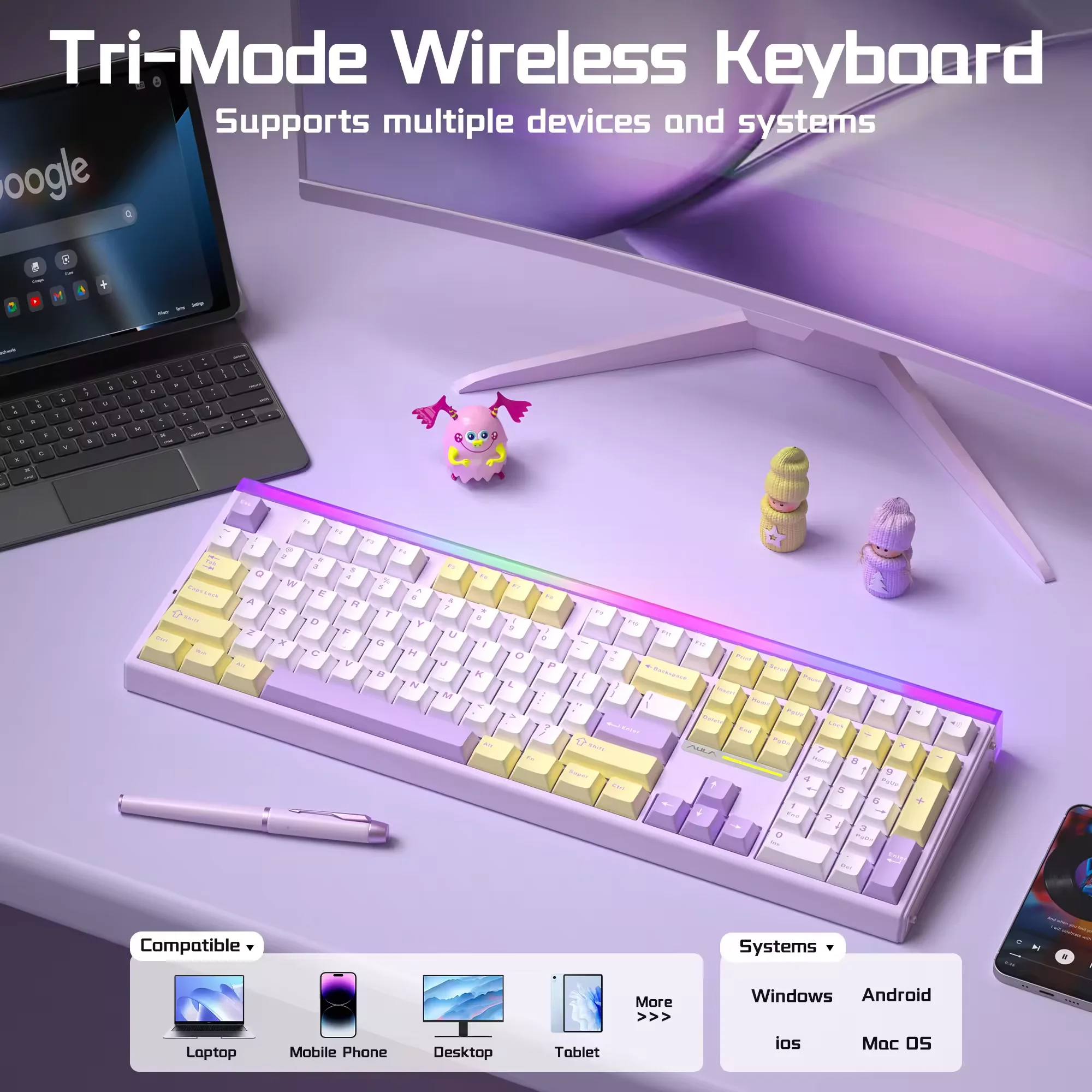 AULA H108 Silent Axis Mechanical Keyboard 100% Layout Tri-Mode 108 Keys RGB Hot Swappable PBT Keycap W/ Lightbox for Office Game