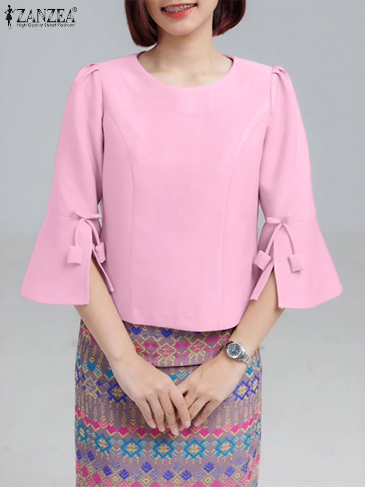

ZANZEA Women Elegant Short Blouses Casual Round Neck 3/4 Flare Sleeve Slit-Cuffs Fitted Blusas Mujer Autumn Office Lady Chemises
