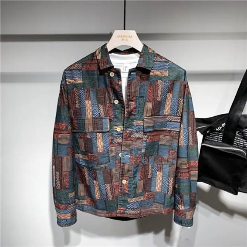 

Осенняя модная новая рубашка с геометрическим узором и принтом для молодых мужчин, универсальный свободный повседневный кардиган, куртка