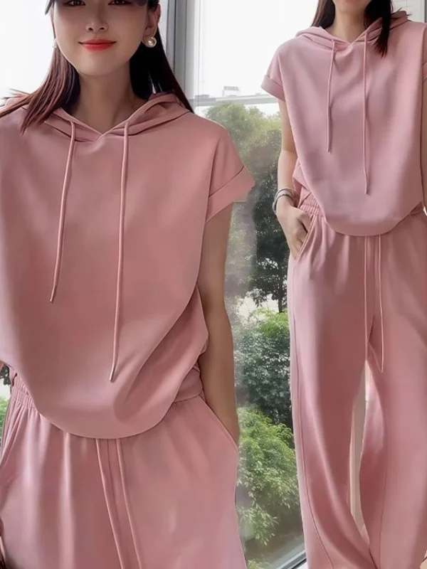 Summer 2026 New Mommy Style Age-Defying Short Sleeve Hoodie Wide Leg Pants Two-Piece Set Korean Loose Fit High Waist Long Pants