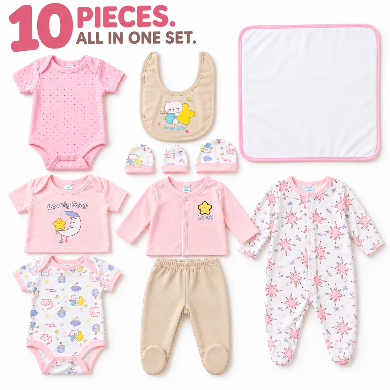 10Pcs Baby Girl Clothes Set Newborn Infant Bodysuit Romper Outfits Cute Star Moon Baby Clothing Set Tops Pants Accessories Gift