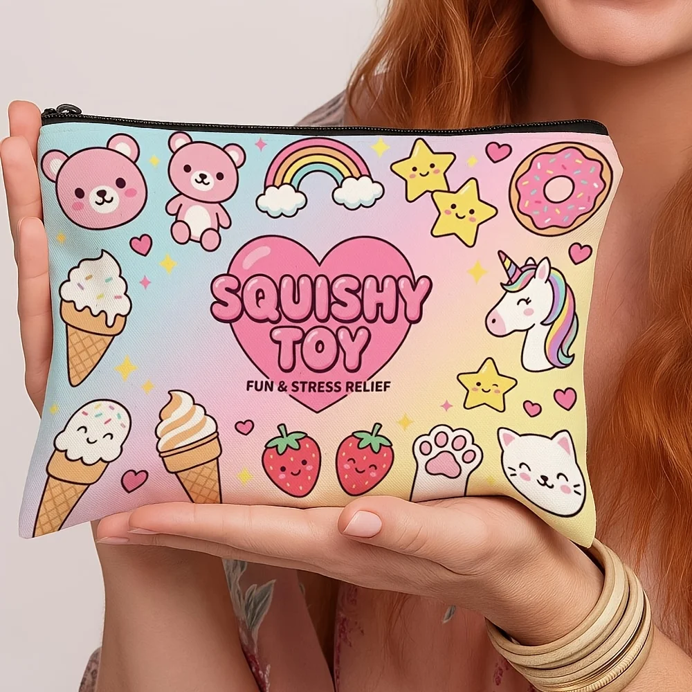 Cute Squishy Toy Theme Makeup Bag Cartoon Unicorn Ice Cream Rainbow Print Zipper Cosmetic Pouch Travel Storage Bag Gift
