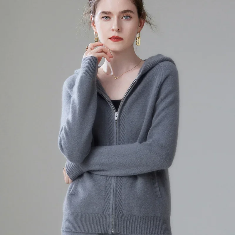 

High-End Autumn Winter New Women 100% Cashmere Sweater Solid Color Female Thicken Warm Hooded Knitted Cardigan Classic Girl Clot