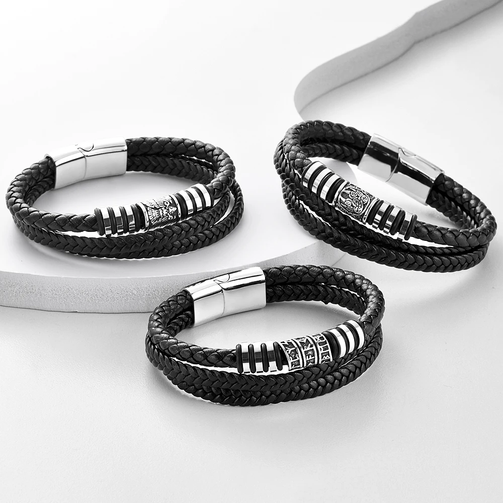 Vintage Vikings Celtic Knot Beads Bracelet For Men Women Stainless Steel Black Braided Leather Rope Chain Wristband Jewelry Gift view 3