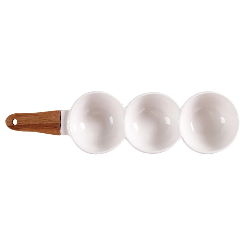 Ins New Nordic Creative Home Ceramic Bowl with Wooden Handle Divided Snack Plate Dried Fruit Plate Candy Placement Plate