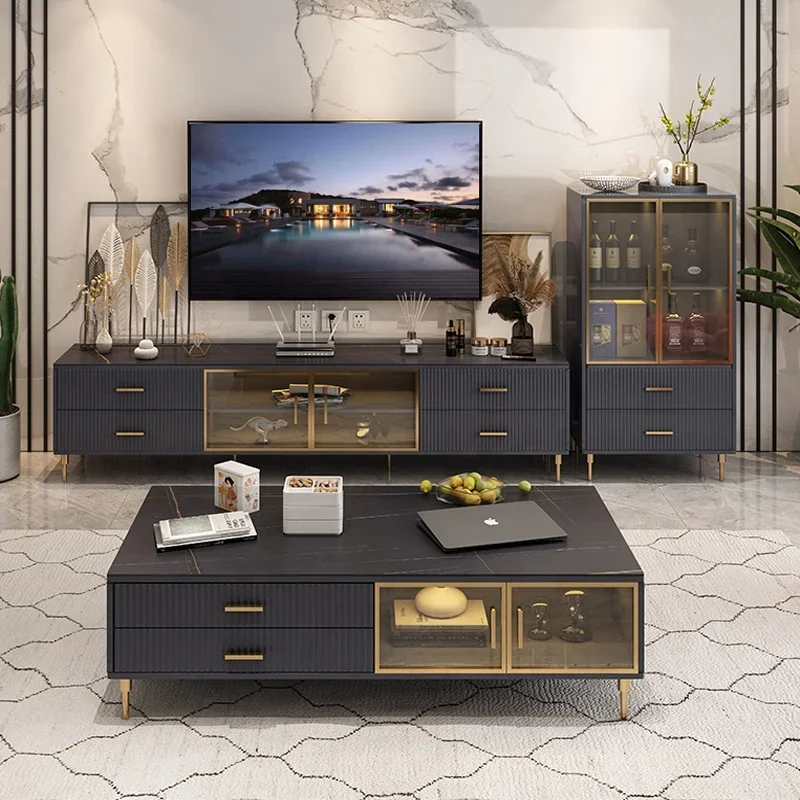 Light Luxury Living Room Tea Coffee Table With Drawers Black Solid Wood Tambour Board Design Center Tables Set Furniture