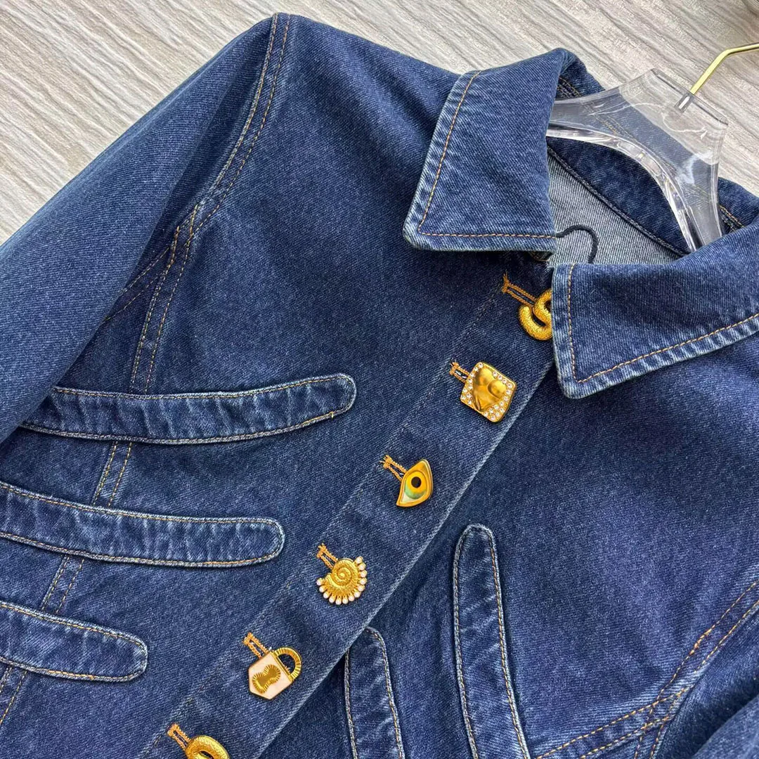 2025 New Autumn High Quality Slim Fit Short Design Blue Denim Jacket Women Lapel Gold Buttons Long Sleeve Patchwork Vintage Coat