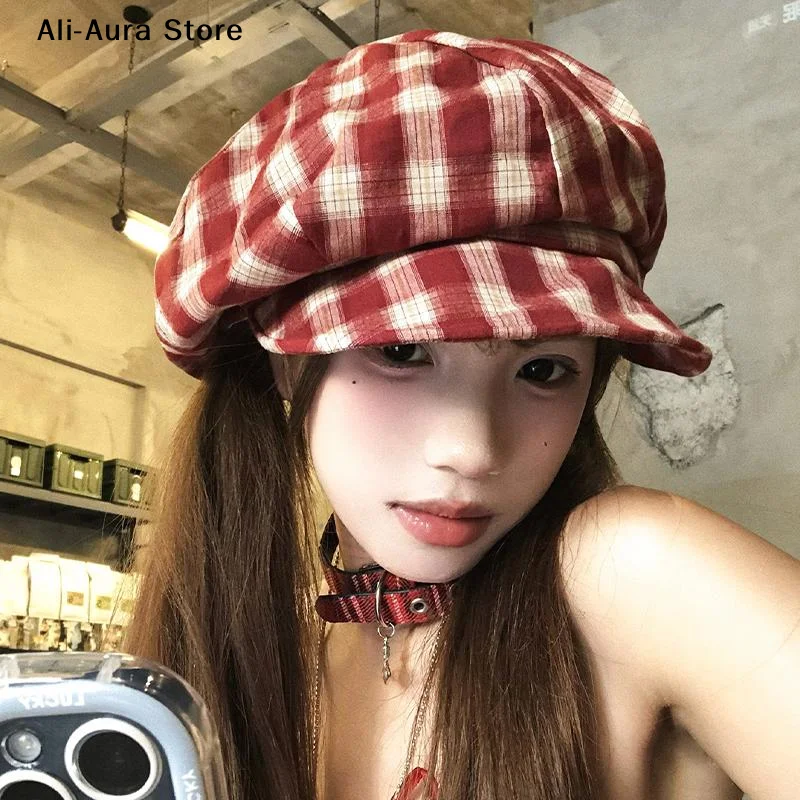 1Pcs Korean Retro Plaid Beret Hat For Women Y2K Contrast Color Checked Beanie Cap Summer Travel Versatile Face Slimming Hat