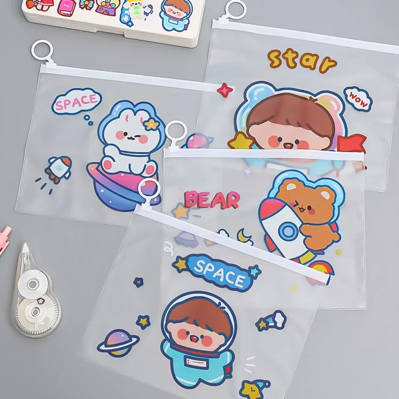 Cartoon Transparent Pencil Case Student Large Capacity Test Paper Storage Office Information File Stationery Waterproof Japanese