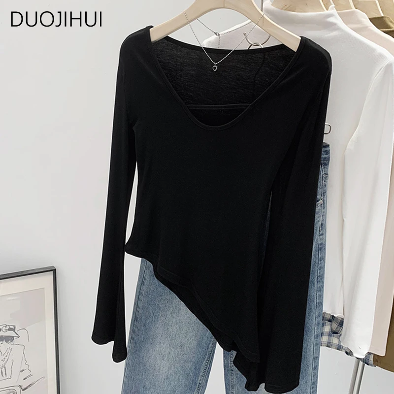 

DUOJIHUI Autumn Sexy V-neck Chic Hollow Out Women T-shirts Irregular New Long Sleeve Fashion Simple Casual S-XL Female T-shirts