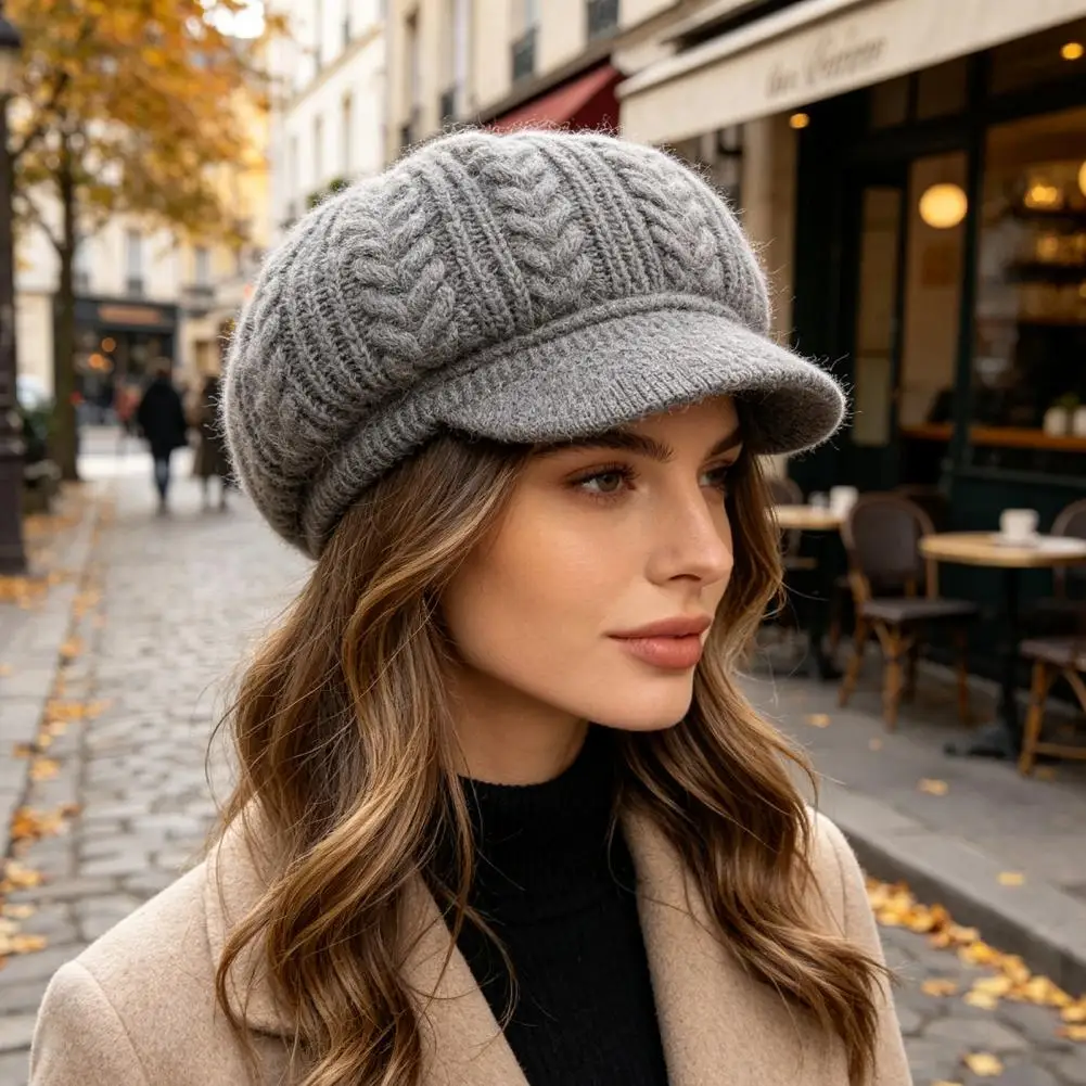 Soft Yarn Hat for Autumn Winter Winter Knitted Peaked Cap with Visor Women’s Fleece Lined Brimmed Hat Warm Autumn for Women