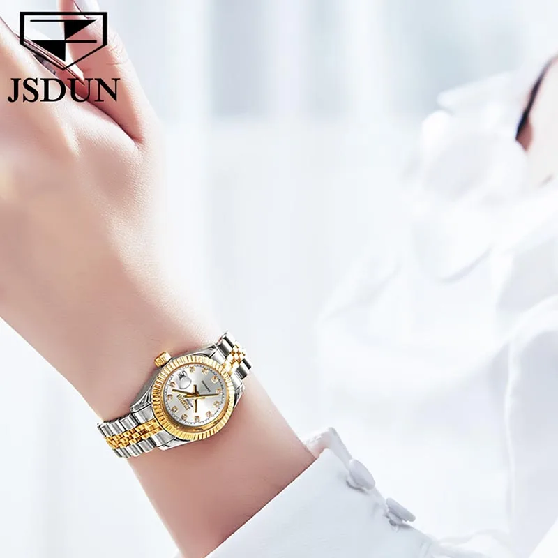 JSDUN Brand Women Watch Fashion Simple Automatic Mechanical Watch Calendar Display Waterproof Clock High Quality Womens Watches