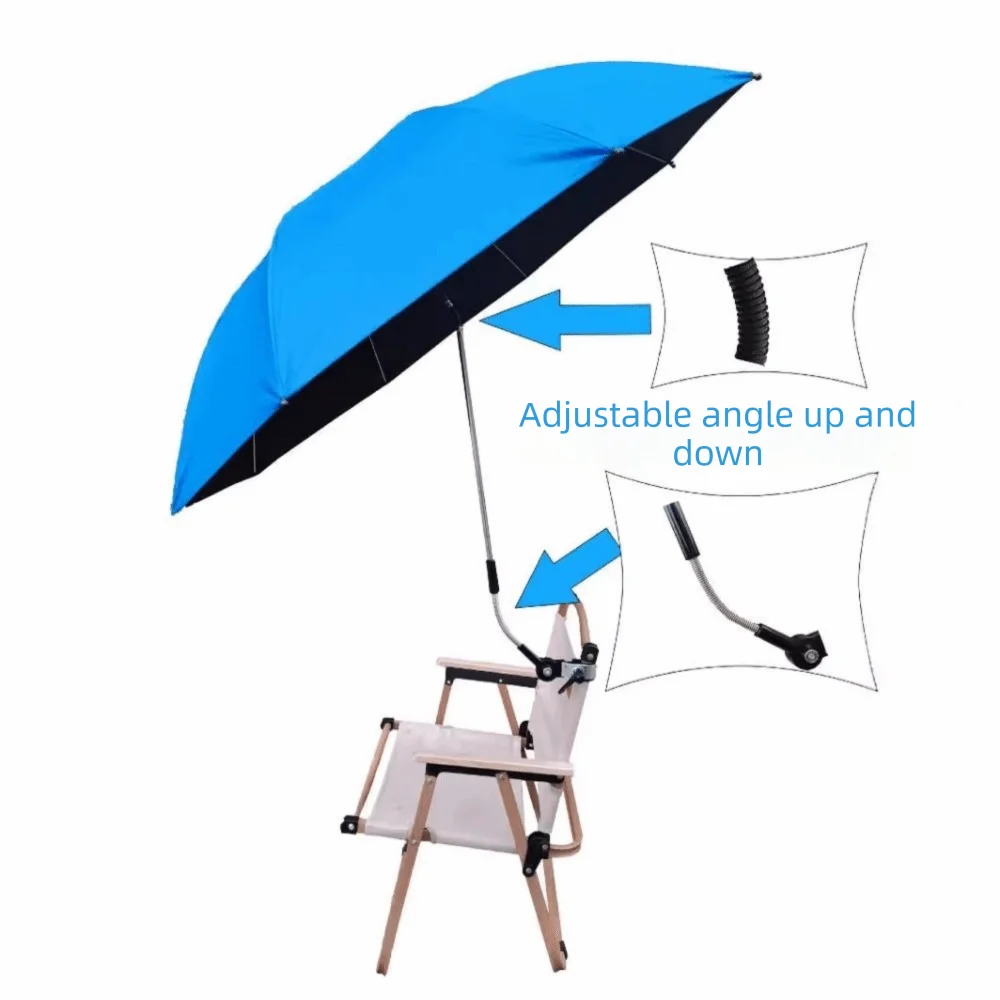 Adjustable 360° Clamp-on Umbrella Lightweight Portable Beach Chair Umbrella Large UV black vinyl coating Camping Chair Umbrellas