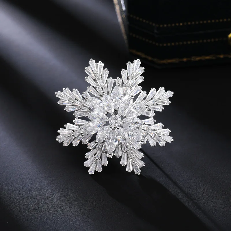 Chinese Style Lucky Blessing Snowflake Brooch For Women Micro Pave Zircon Elegant Pin For Coat Dress Anti Exposure Chic Jewelry