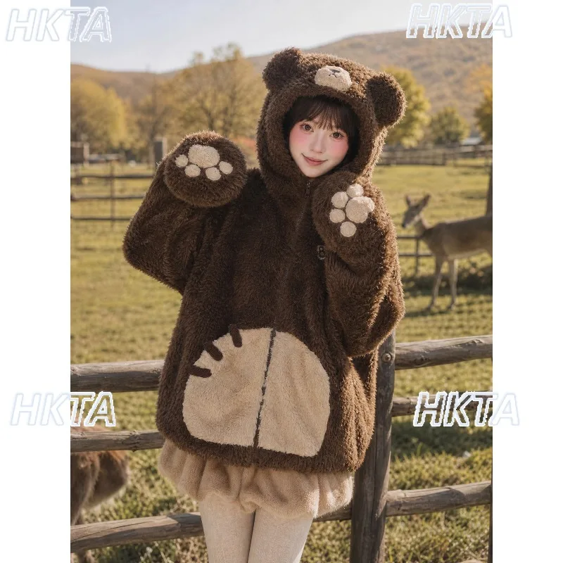 High-end Thickened Warm Fur Coat Cute Bear Hooded Furry Jacket Women's 2026 Winter New Cartoon Lolita Girls Fur Coats Parkas