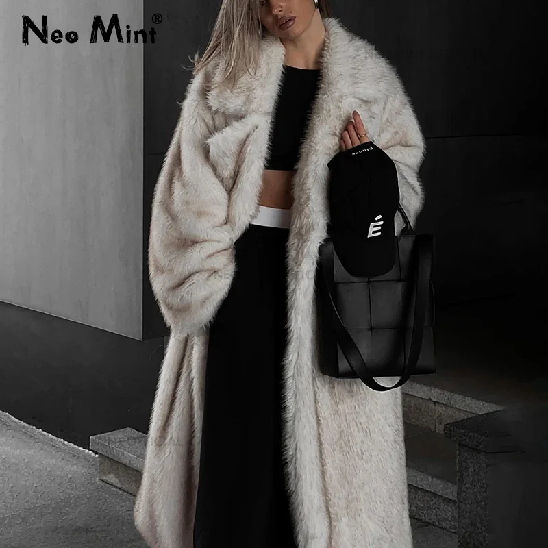 Neo Mint Vintage Luxury Long Faux Fox Fur Coat Women 2024 Winter Warm Fluffy Fur Jacket Female Street Furry Outerwear Overcoat