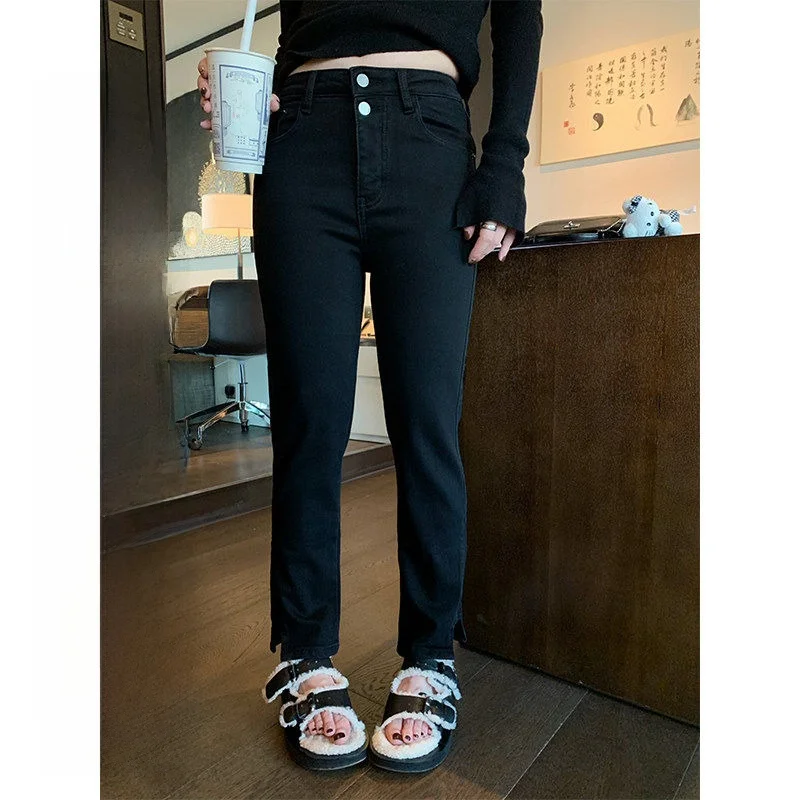 

Женские джинсы с высокой талией, прямые, облегающие, на флисовой подкладке, с пуговицами, для повседневной носки, зимняя коллекция