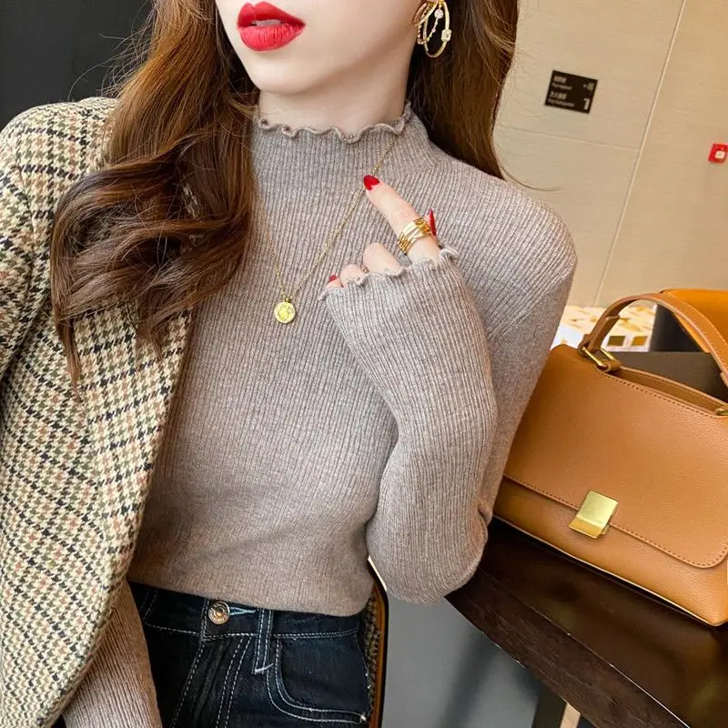 

Autumn Winter Elegant Chic Ruched Long Sleeve Sweater Office Lady Top Women's Clothing Vintage All-match Solid Knit Pullover