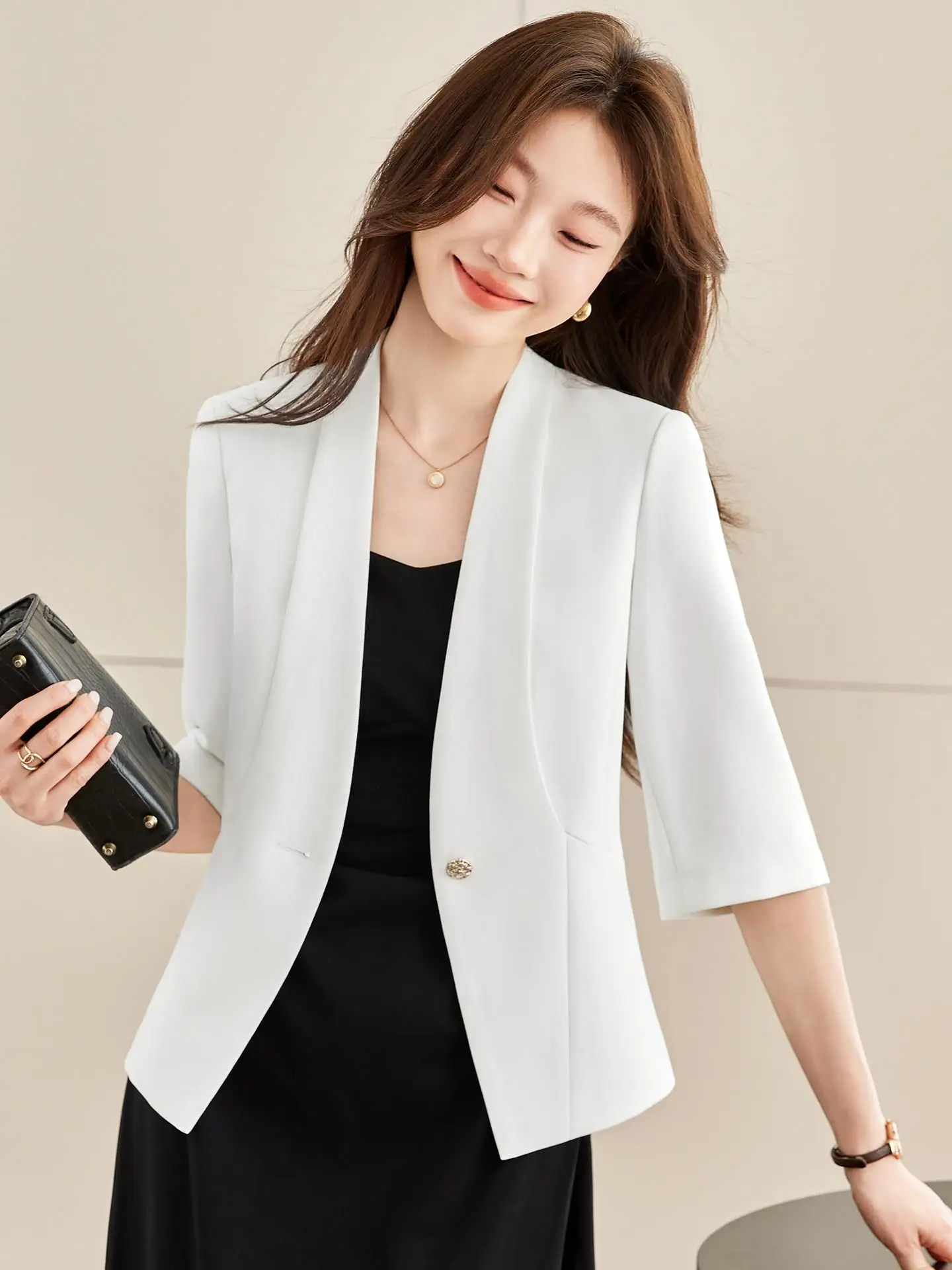 

White Slim Fit Business Casual Commute Jacket Women's 2026 New Style Elegant Versatile Top Polyester Fiber Six Button Design
