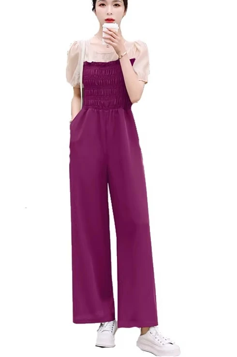 

Летний новый женский комбинезон для повседневной носки с квадратным вырезом, рукавами-фонариками и широкими штанинами, в стиле пэчворк