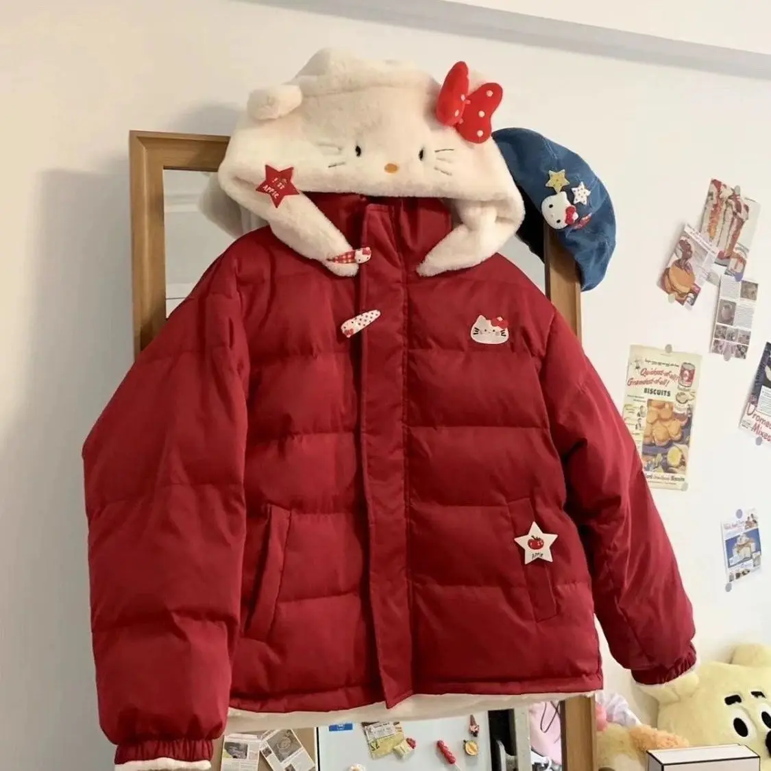 women-cute-sanrio-character-hooded-padded-coat-4-colors-available-cartoon-embroidery-star-decor-winter-warm-outerwear-for-girls