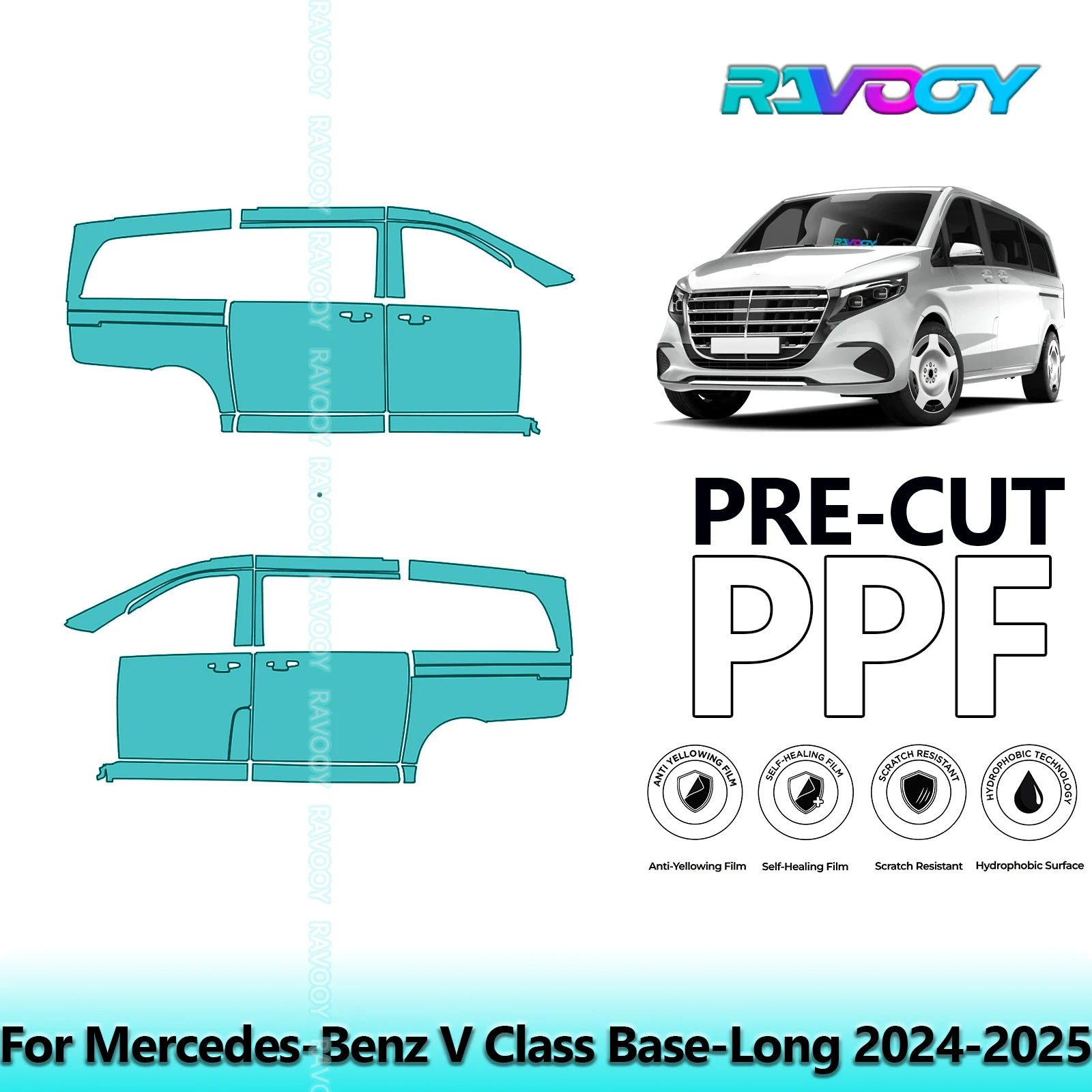 

For Mercedes-Benz V Class Base-Long 2024-2025 8.5mil Clear Matte Pre-Cut PPF Door & A/B Pillar Kit TPU Paint Protection Film Set