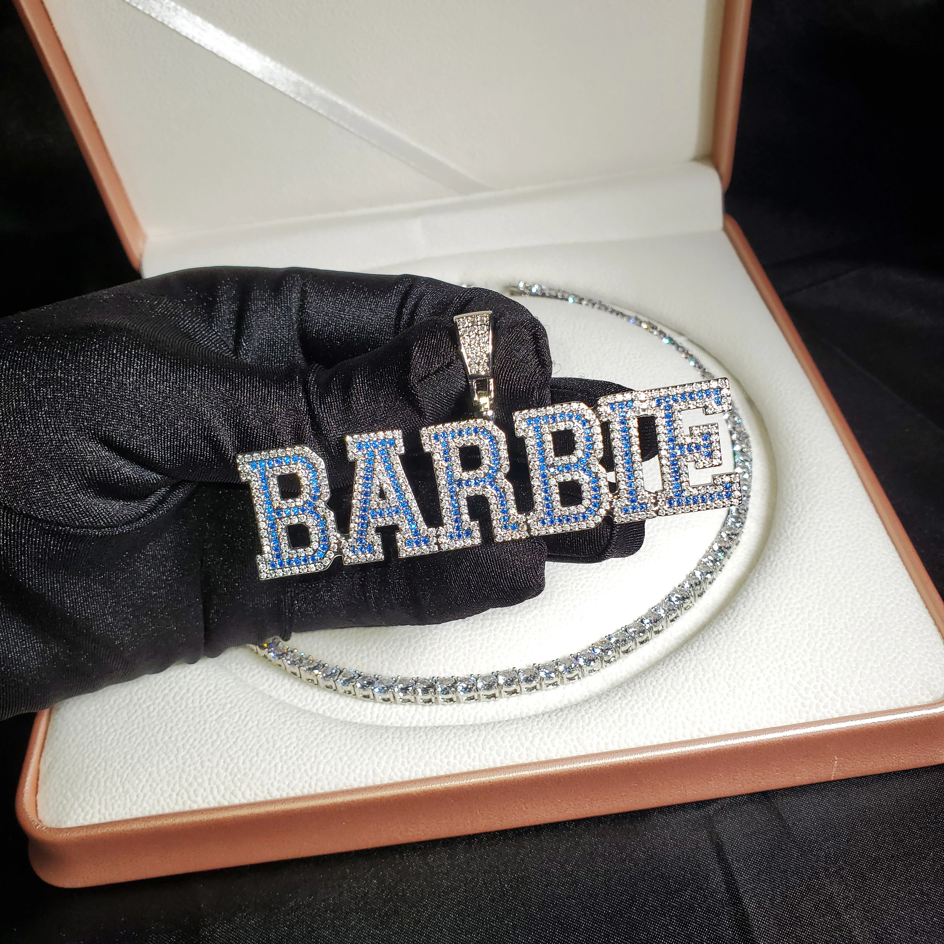 Blue Stone Custom Letters Necklace, Personalized Nameplate, Prom Jewelry, Personalized Name Chain, Bling Hip Hop Jewelry