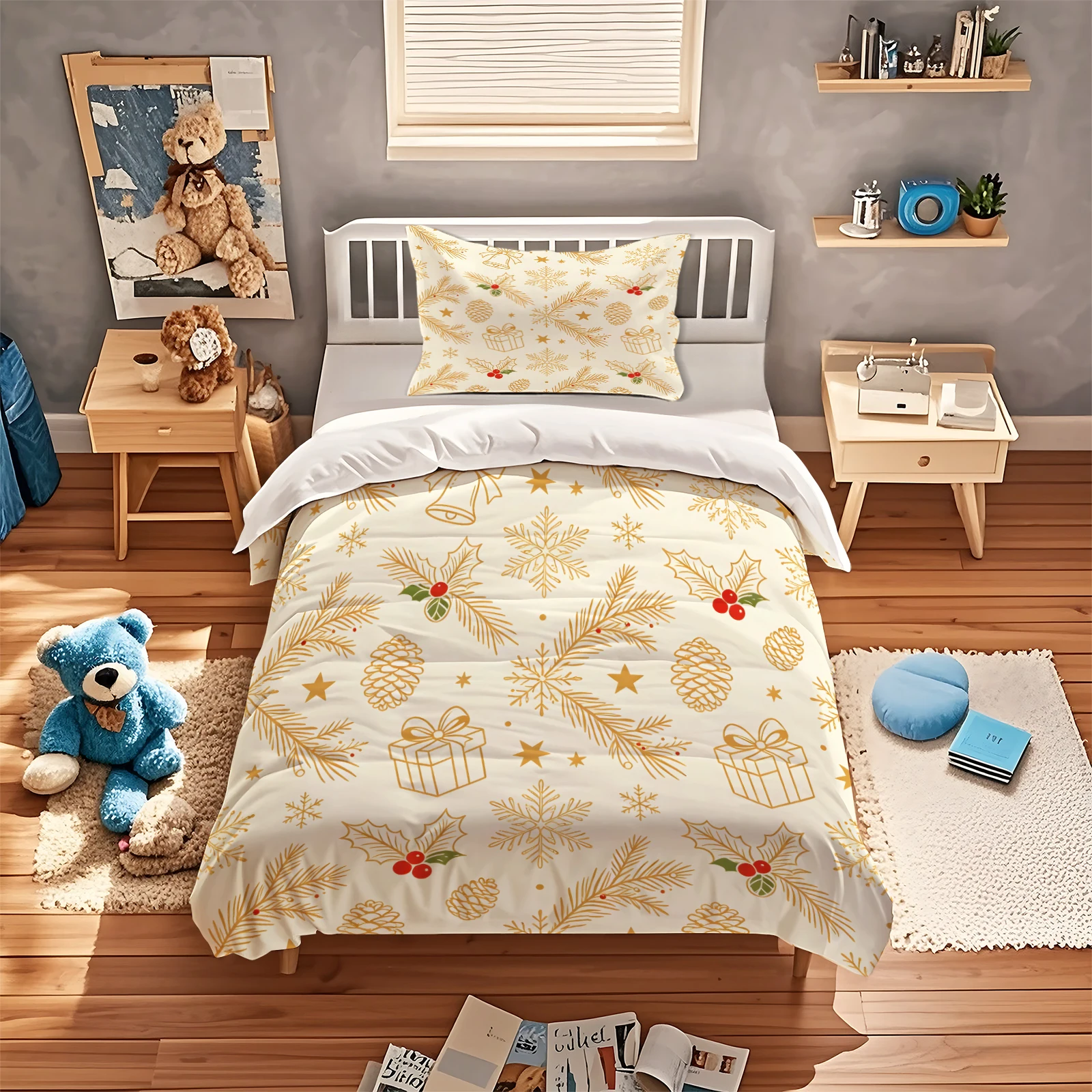 Christmas Duvet Cover Set Cream White Golden Line Drawing Snowflake Gift Box Bell Star Pattern Holiday Bedding Set Festive Decor