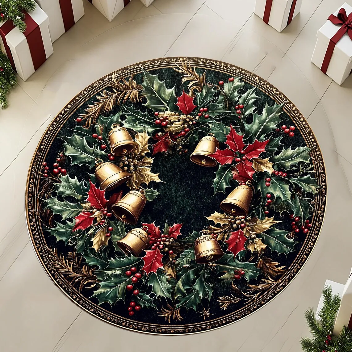 Festive Snowflake & Christmas Tree Round Rug – Cozy Holiday Floor Mat for Living Room, Bedroom or Bedside