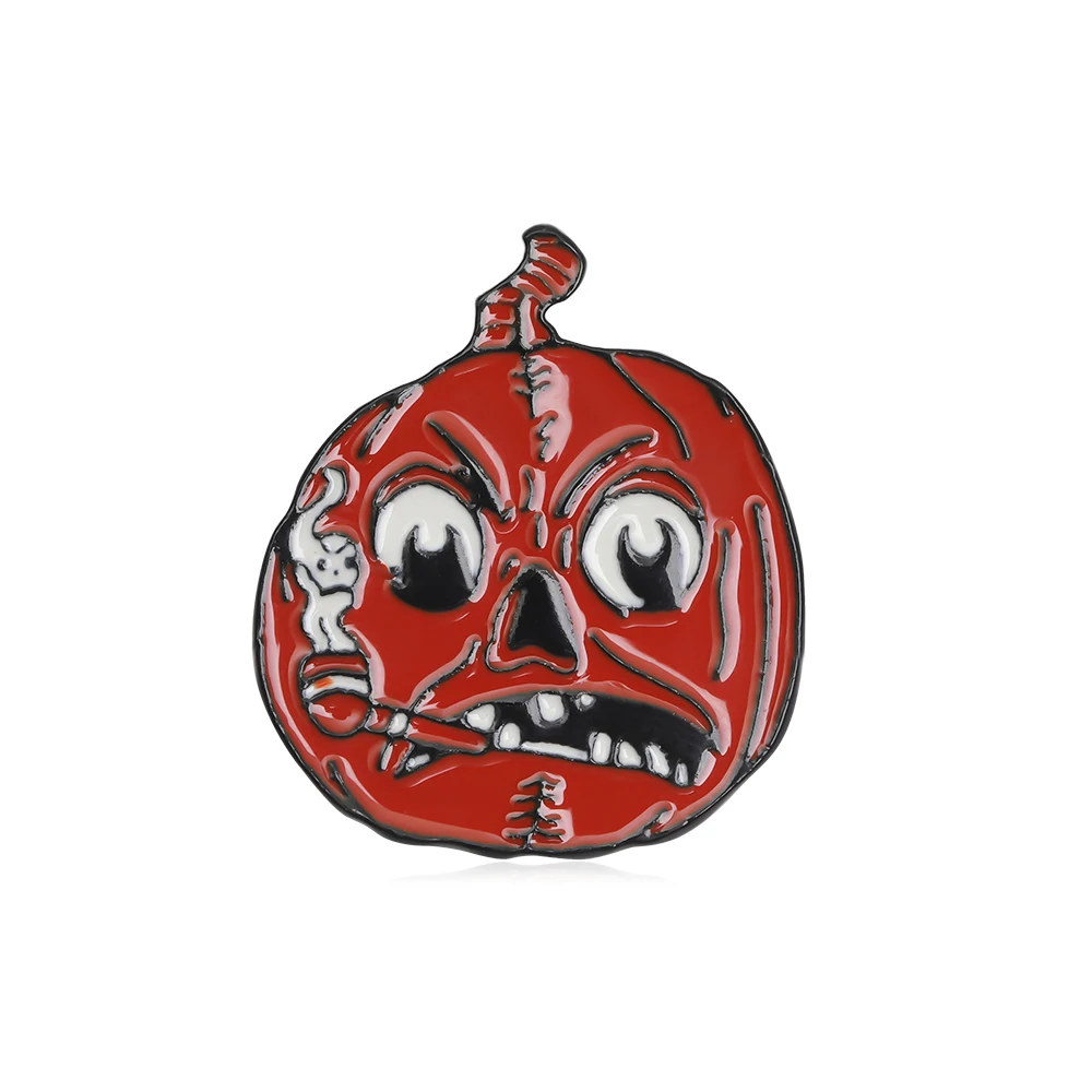 Personality Angry Smoking Pumpkin Ghost Pins Red Color Pipe Skull Ename Brooches For The Backpack Cloth Jewlery