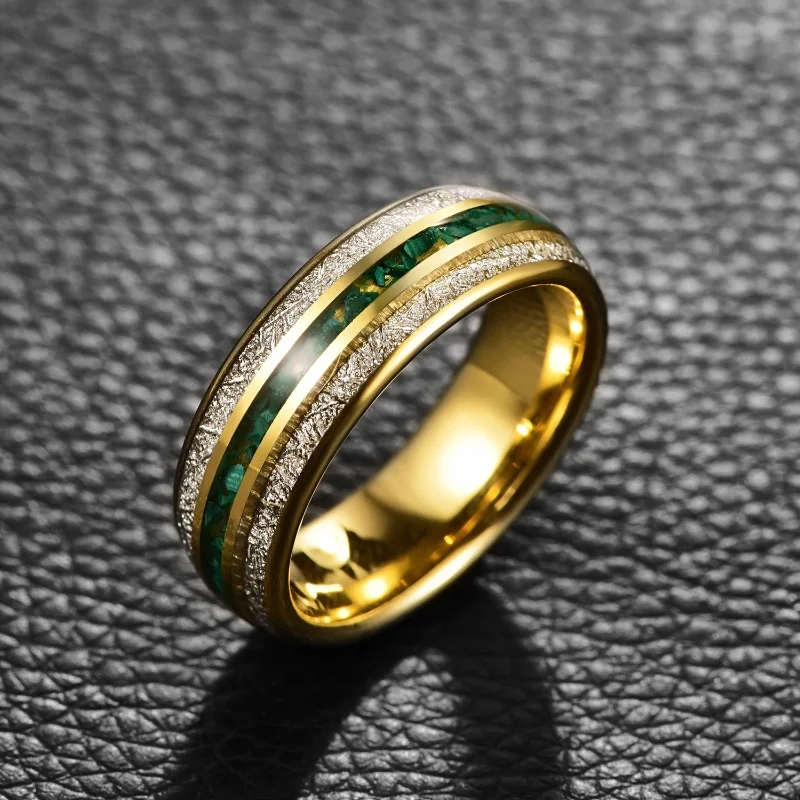 Electric Gold Color Inlaid Meteorite Green Gravel Tungsten Steel Ring Fashion Wedding Rings for Men Best Gift