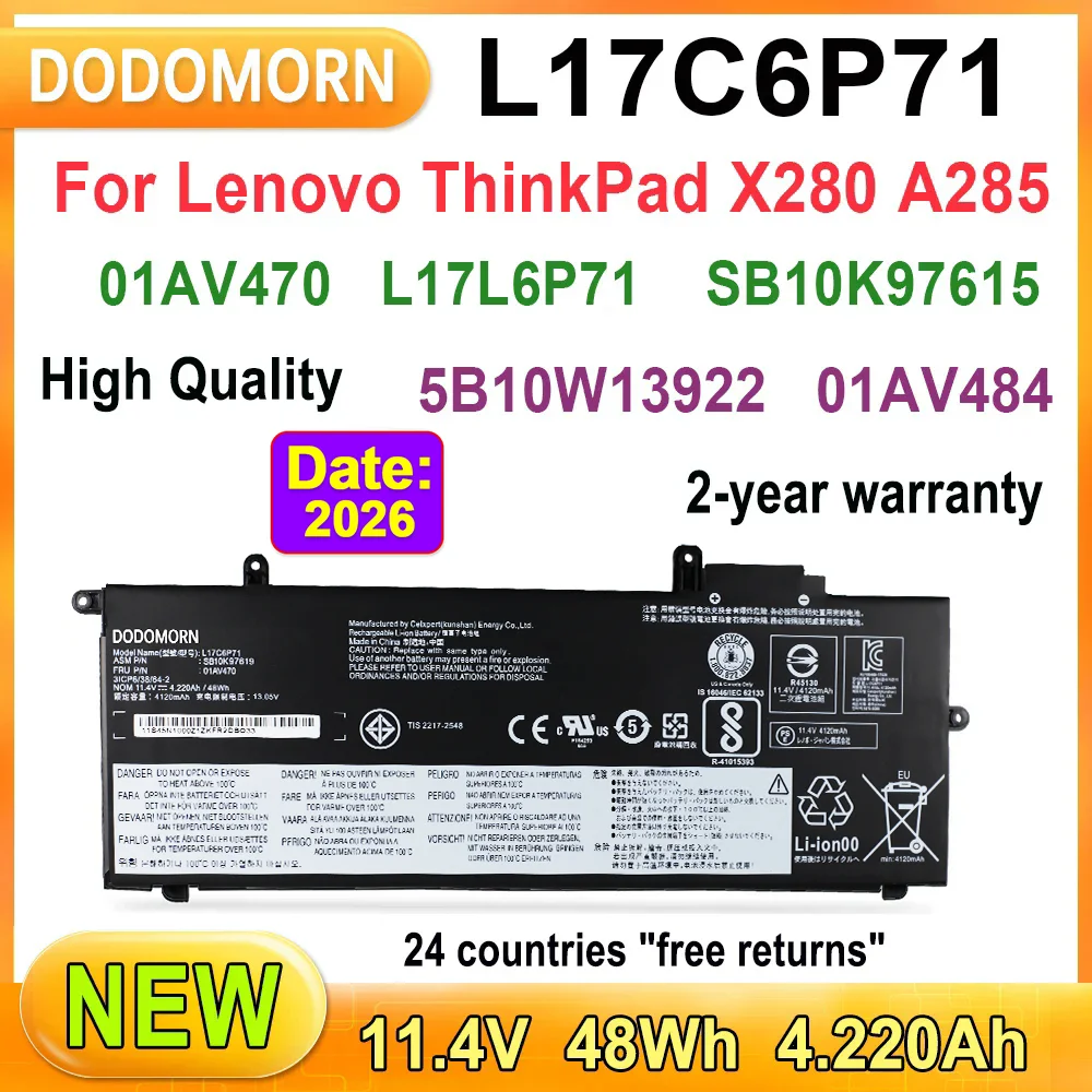New L17C6P71 Laptop Battery For Lenovo ThinkPad X280 A285 Series  SB10K97619 01AV470 01AV471 L17M6P71 L17L6P71 SB10K97617 48Wh
