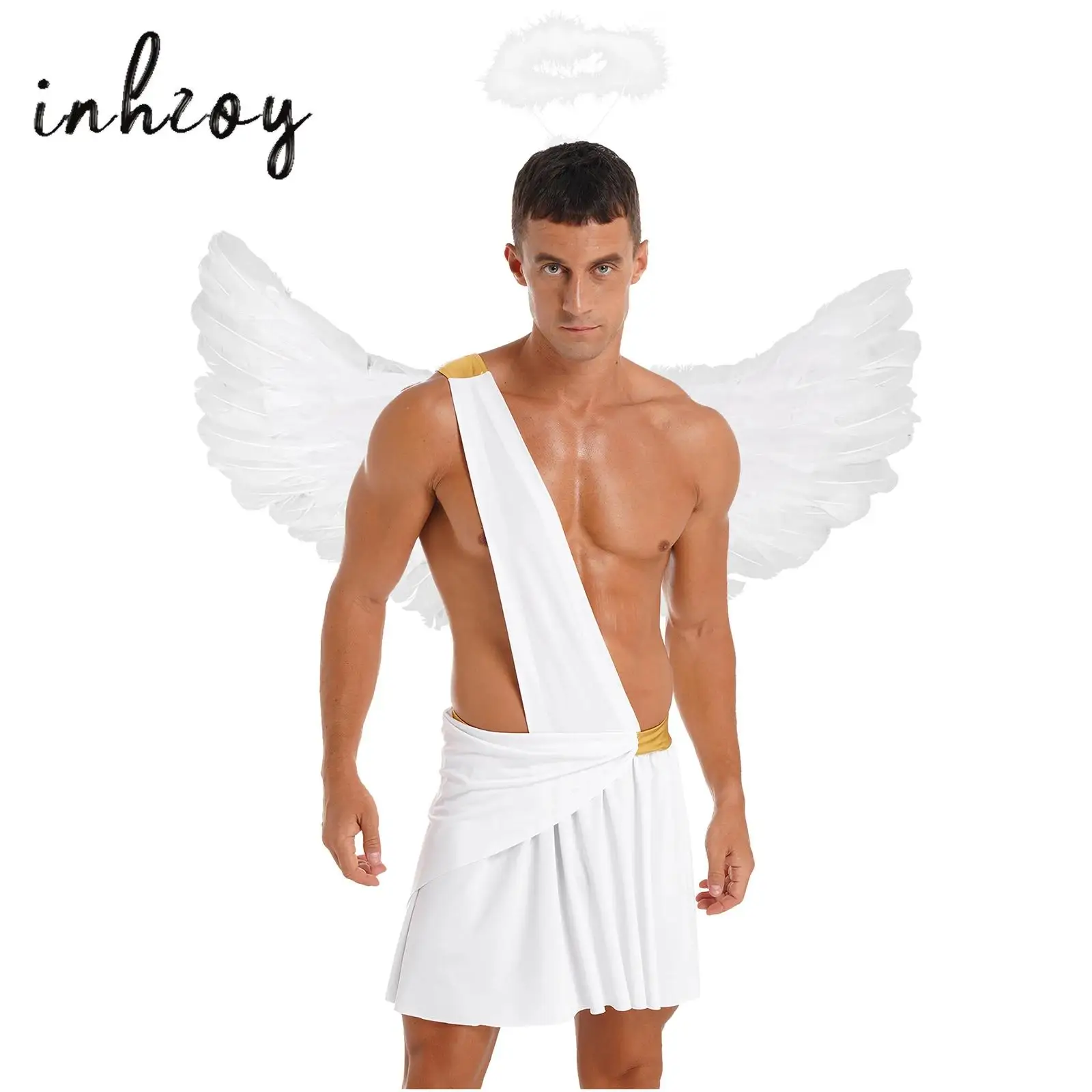 

Halloween Ancient Greek Warrior Cosplay Costumes Mens One Shoulder Strap Contrast Color Ruffle Skirt Carnival Theme Party Wear
