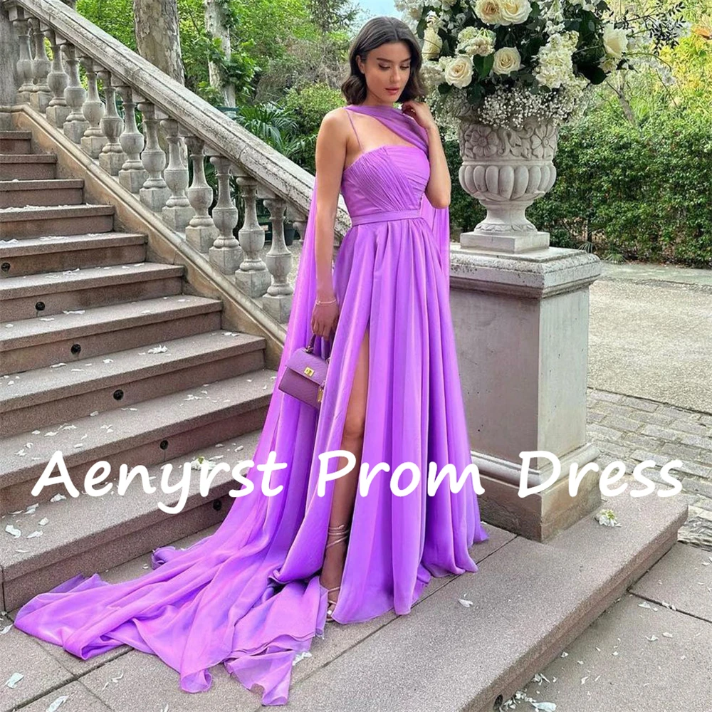 Aenyrst Purple Spaghetti Strap Prom Dresses A Line Side Split Chiffon With Shawl Evening Party Gowns Floor Length Holiday Dress