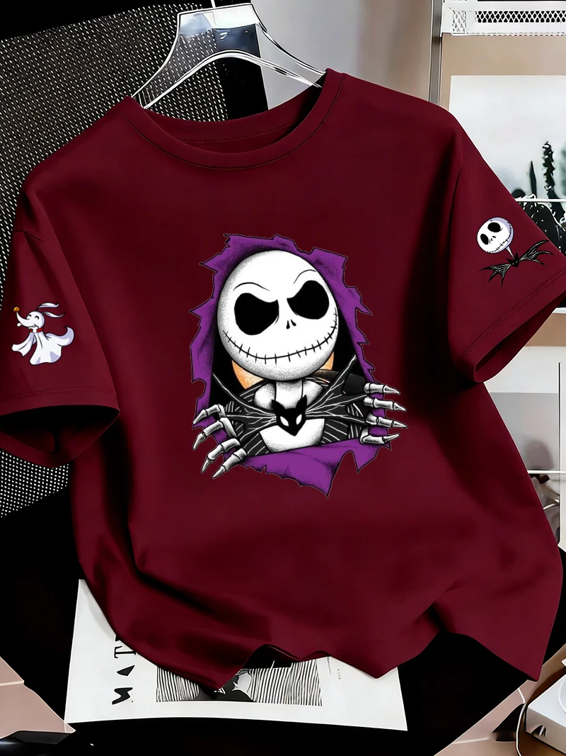 Jack Skellington Men's T-shirt Summer Short sleeved Cartoon Anime Women's T-shirt 100% Cotton 2026 Fashion Couple's Top