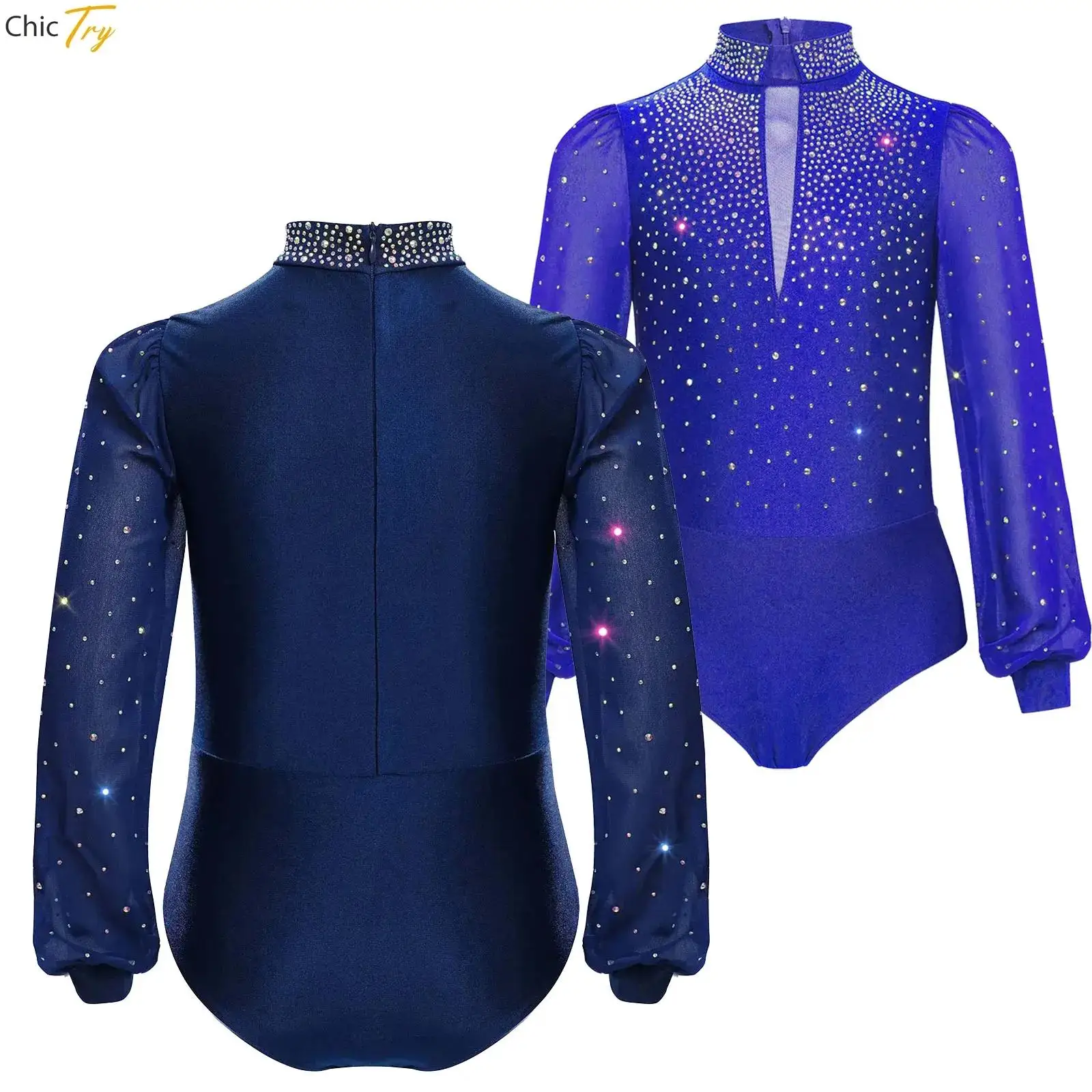 Kids Boys Tango Rumba Chacha Latin Dance Bodysuit Shirt Tops Long Sleeve Rhinestones Rhythmic Gymnastics Figure Skating Leotard